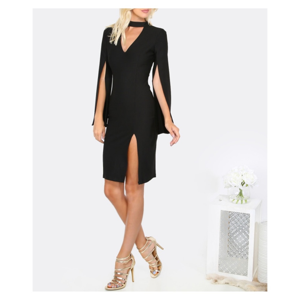 LAST ONE Black Choker Cut Out Sleeve Bodycon Dress - Picture 2 of 5
